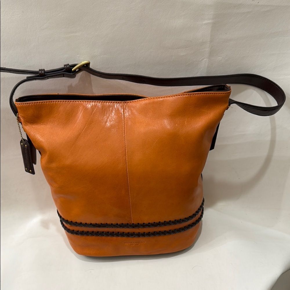 Tignanello Orangish Brown Leather Hobo Bag Purse Dark Brown Accents 14 X 11 Inch